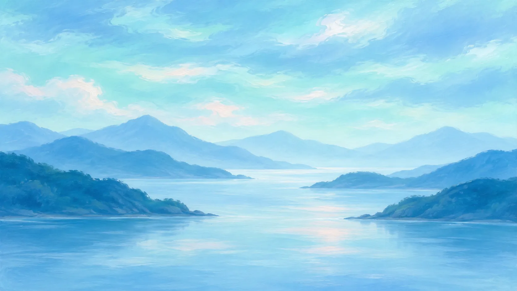 Painted landscape of an open passage between hills
