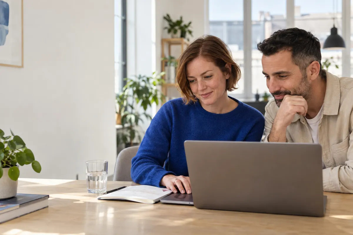 Zwei Marketer schauen an einem Schreibtisch gemeinsam auf einen Laptop.