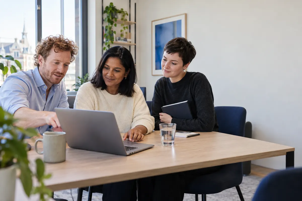 A specialist works with two marketers at a laptop.