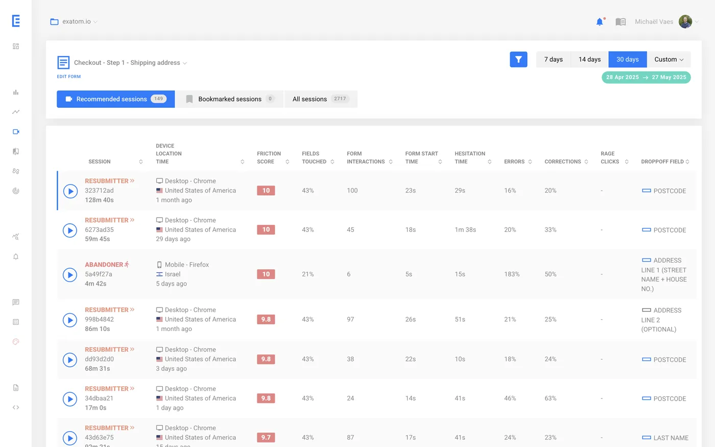 Exatom session replay dashboard showing form field error rates linked directly to session recordings