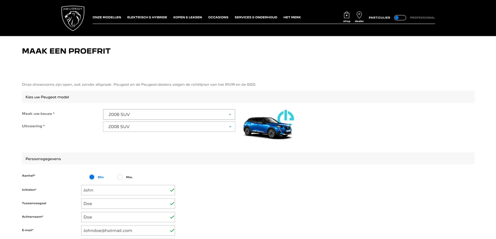 Peugeot test-drive form
