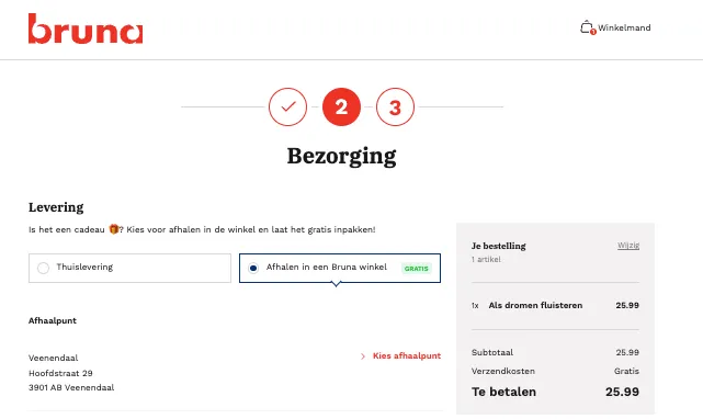 Étape deux du checkout de Bruna, avec livraison à domicile ou retrait gratuit dans un magasin Bruna