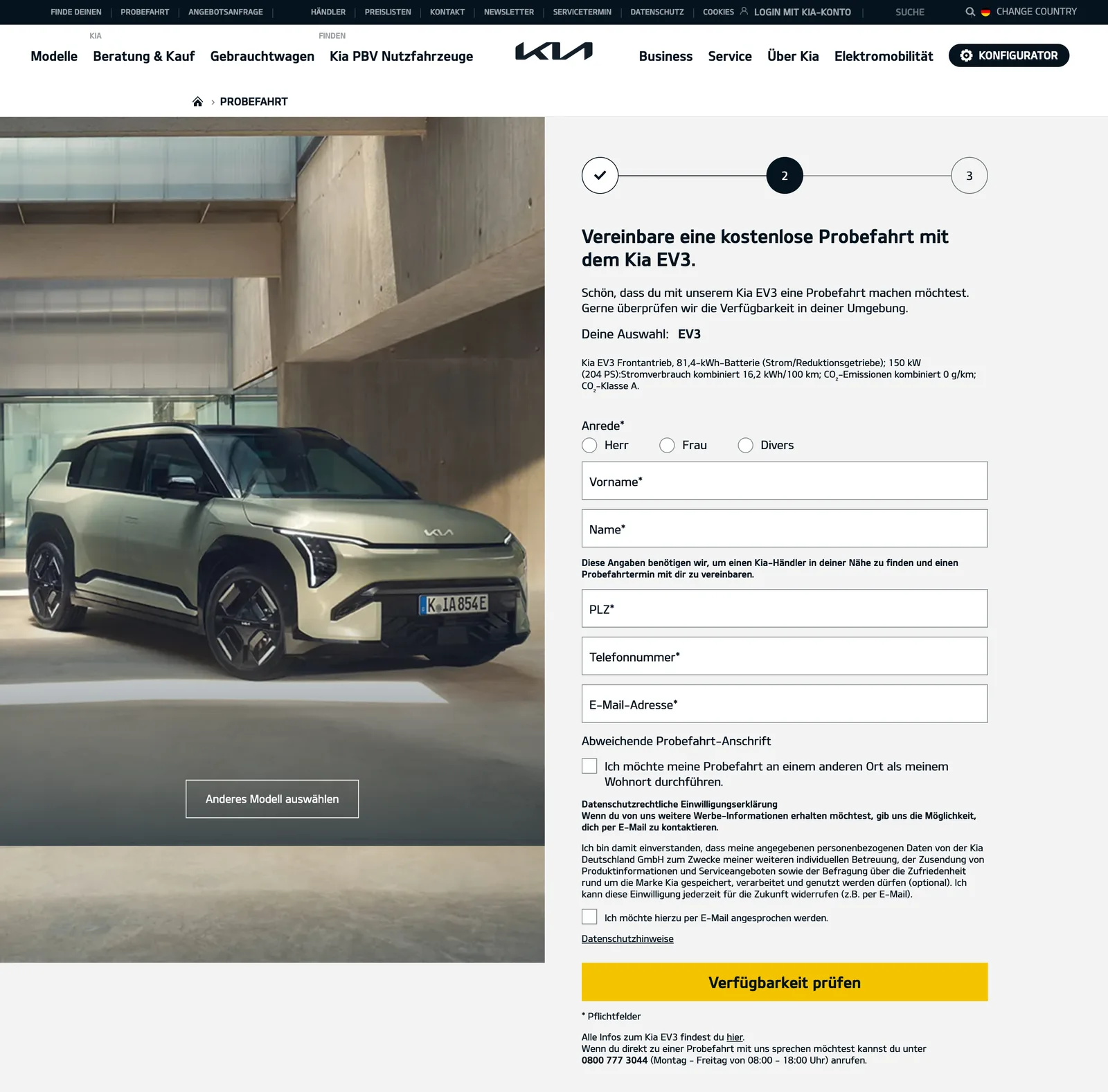 Kia Germany’s test-drive request form, with the personal details step open
