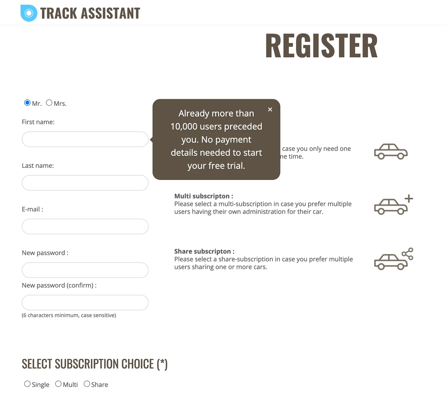 Formulaire d’inscription de Track Assistant avec un message de confiance à côté des premiers champs