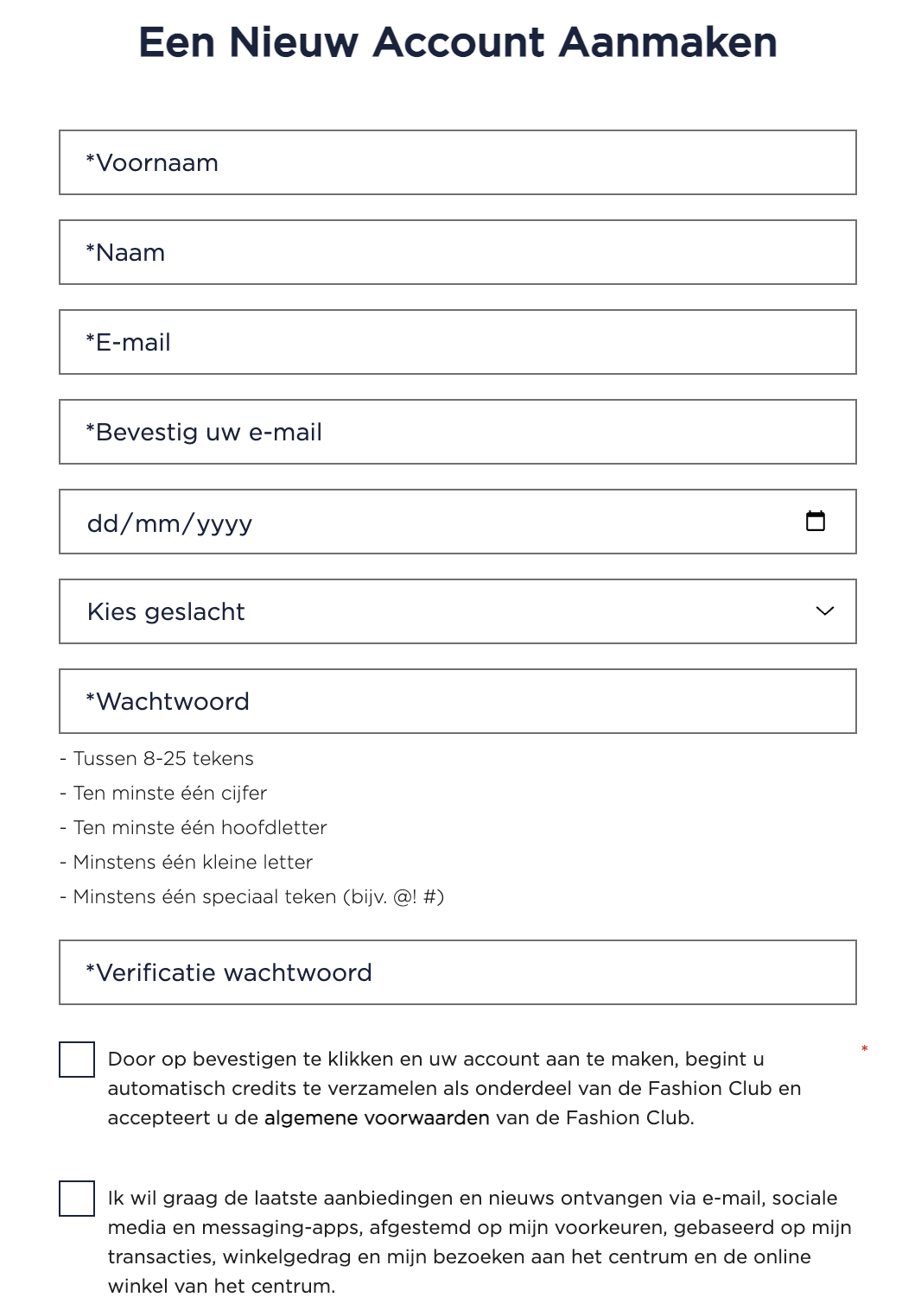 Create account formulier in een check-out met dubbele velden